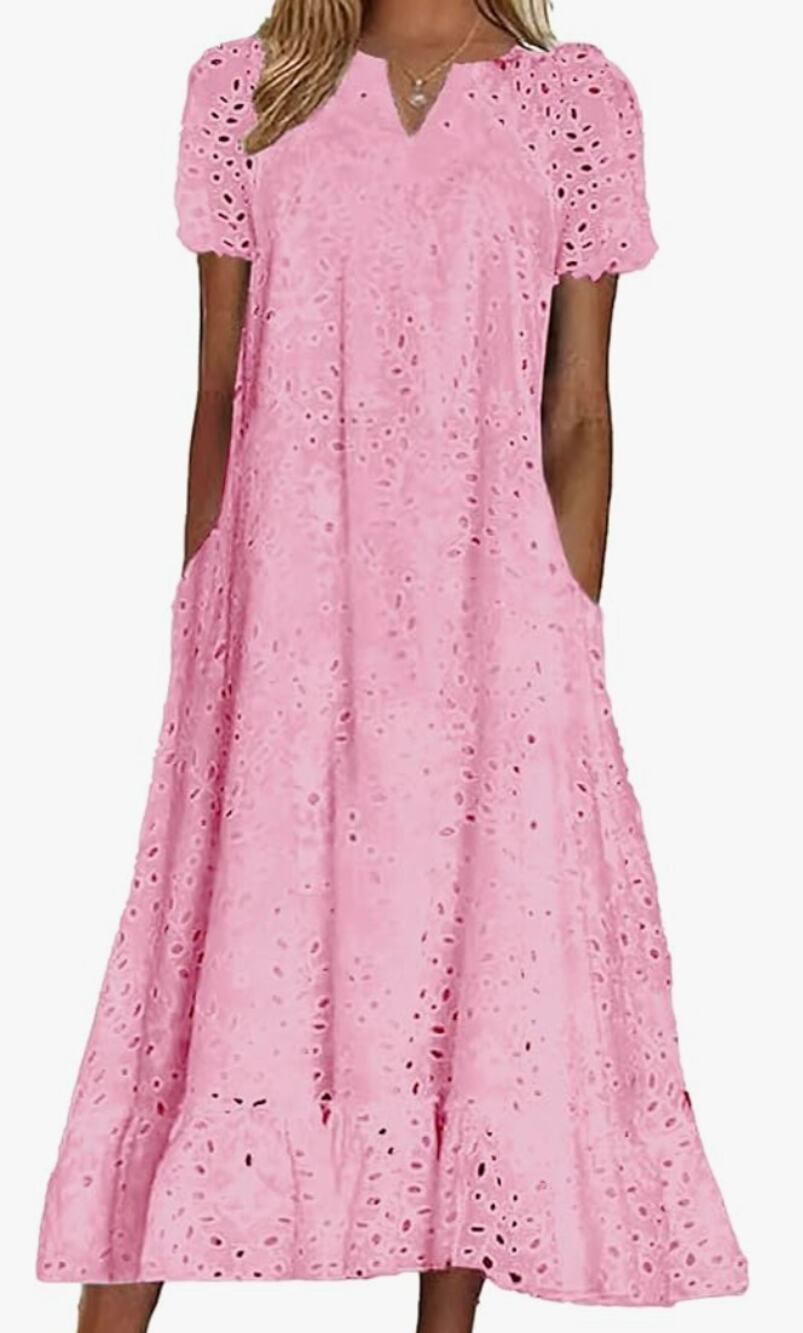 Summer Ruffle Hem Floral Lace Eyelet Dress Casual Notch Neck Midi Tunic Dress